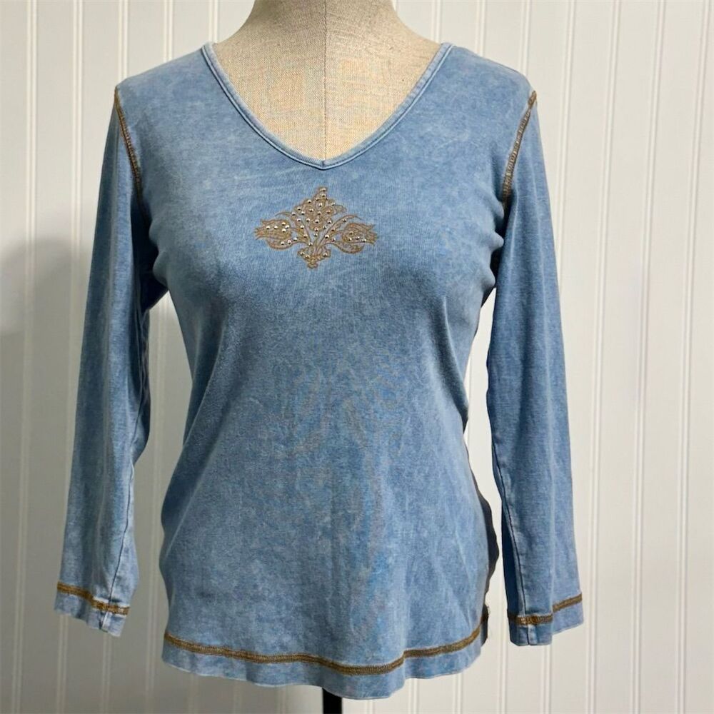 Vintage Xcit‎ U.S.A. Top Women's Medium Blue Acid Wash Thermal Rhinestone Y2K